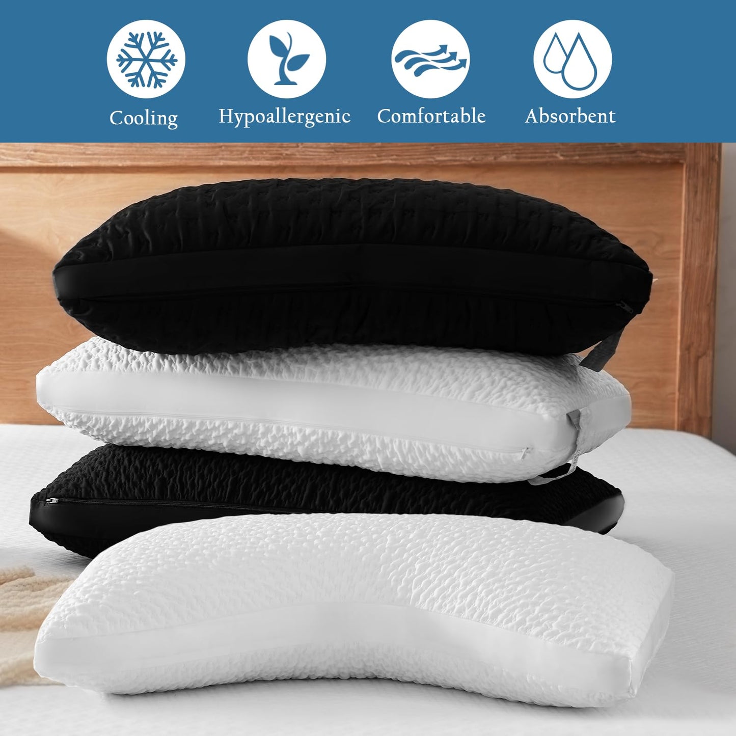 Luxe Linen Side Sleeper Pillow for Neck & Shoulder Comfort, Cooling Cervical Contour Gusseted Pillow for Hot Sleepers, Adjustable Luxury Shredded Memory Foam, Washable Cover, Black Standard Size