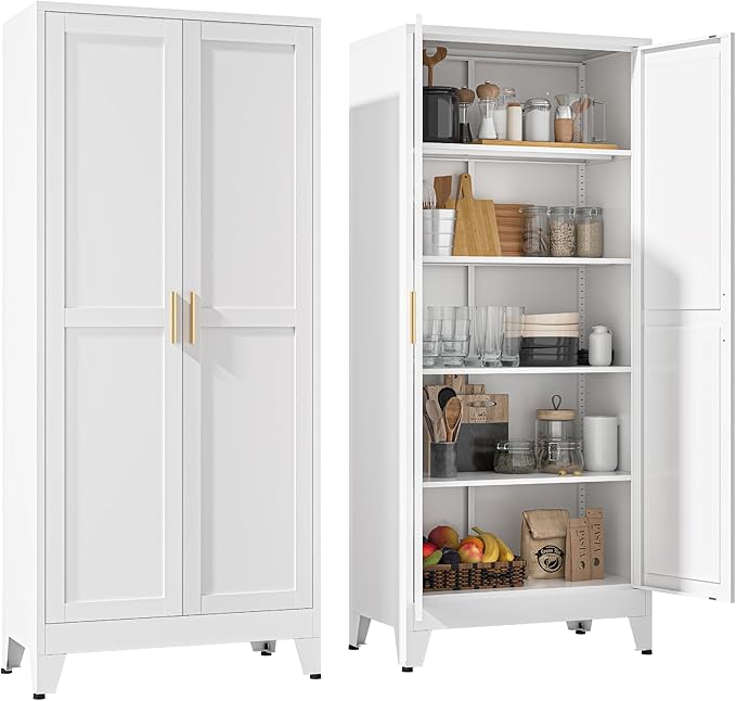 YAUWOH 71''Metal Cabinet with 4 Adjustable Shelves, 5-Tier Pantry Storage