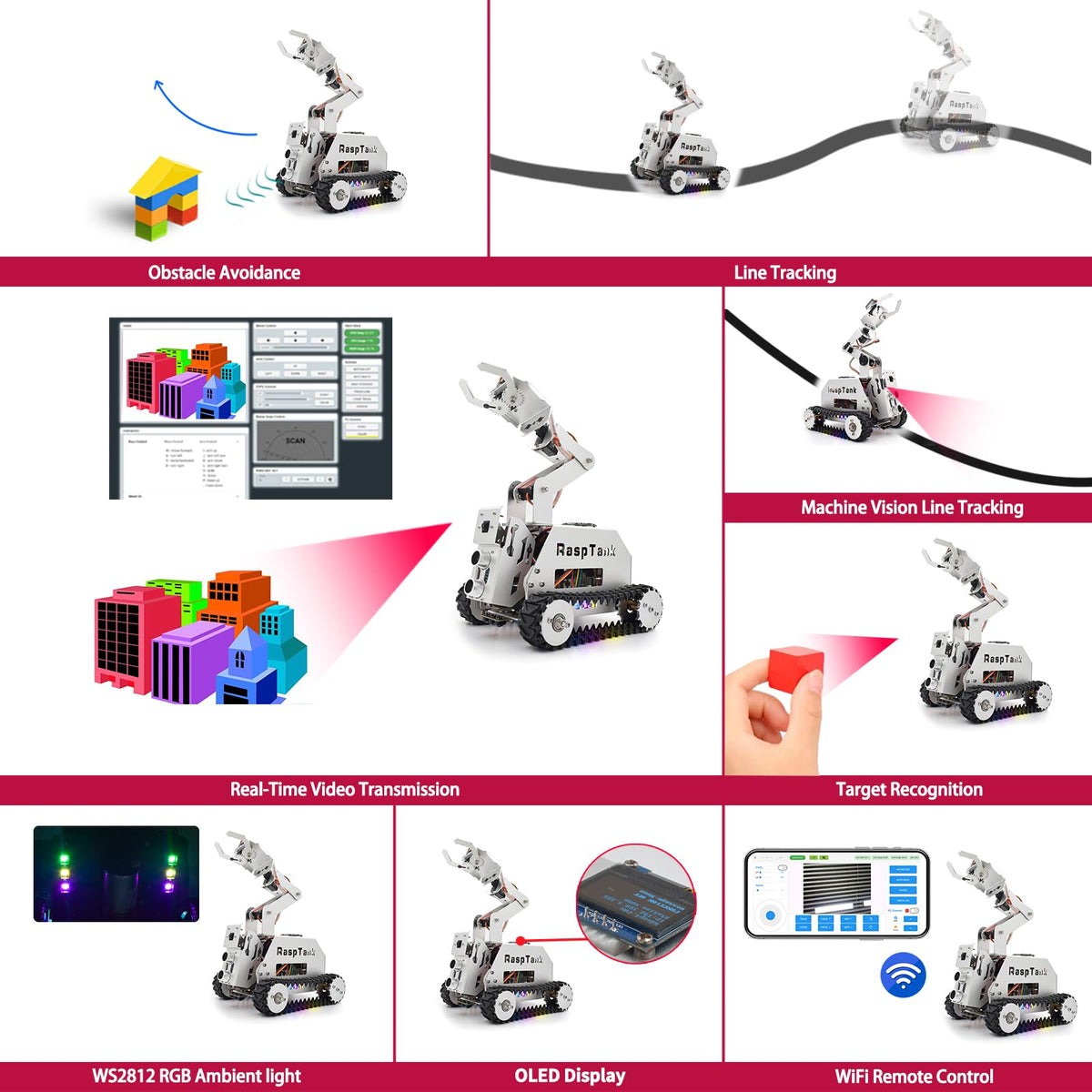 Adeept RaspTank Metal Smart Car Kit for Raspberry Pi 5/4B/3B/3B+(Board Not Included), Tank Tracked Robot with 4-DOF Robotic Arm, OpenCV, Obstacle Avoidance, Line Tracking, with Digital Tutorials