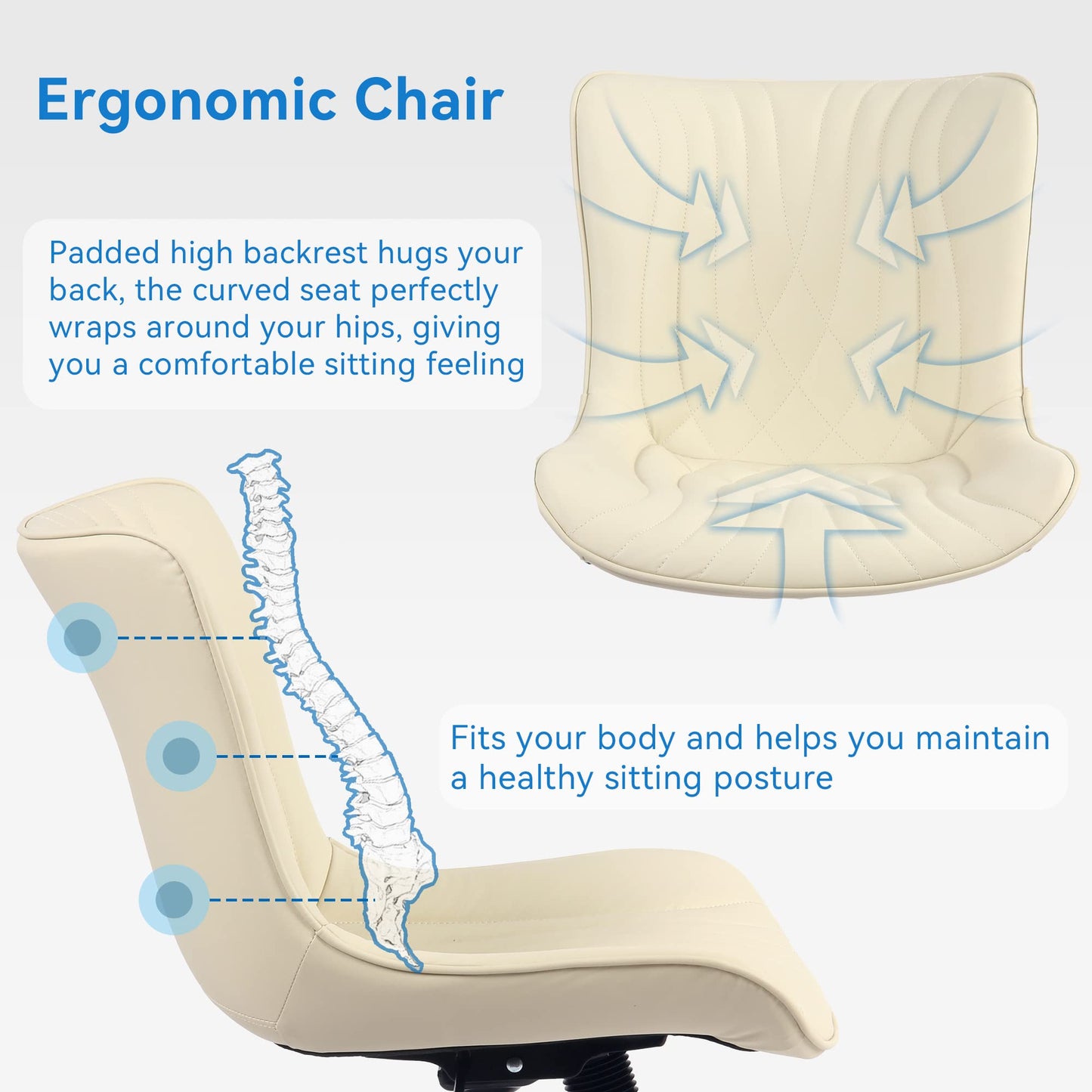 YOUNIKE Office Chair, Armless Desk Chair with Wheels, Adjustable Swivel Home Office Computer Task Chairs, Modern Faux Leather Padded Vanity Chair with Back, Beige