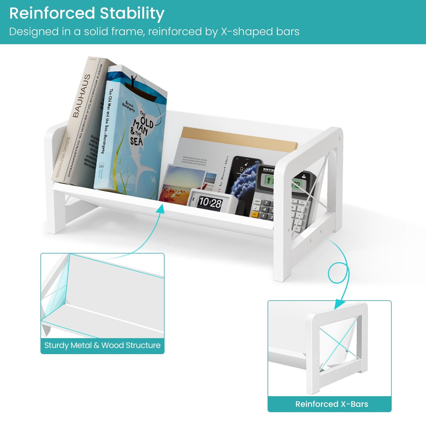 ELITEROO Mini Bookshelf for Desk, Desktop Bookcase, Single Cookbook Shelf, Tabletop Book Storage Rack, Tiny Book Organizer for Book Display & Storage, White