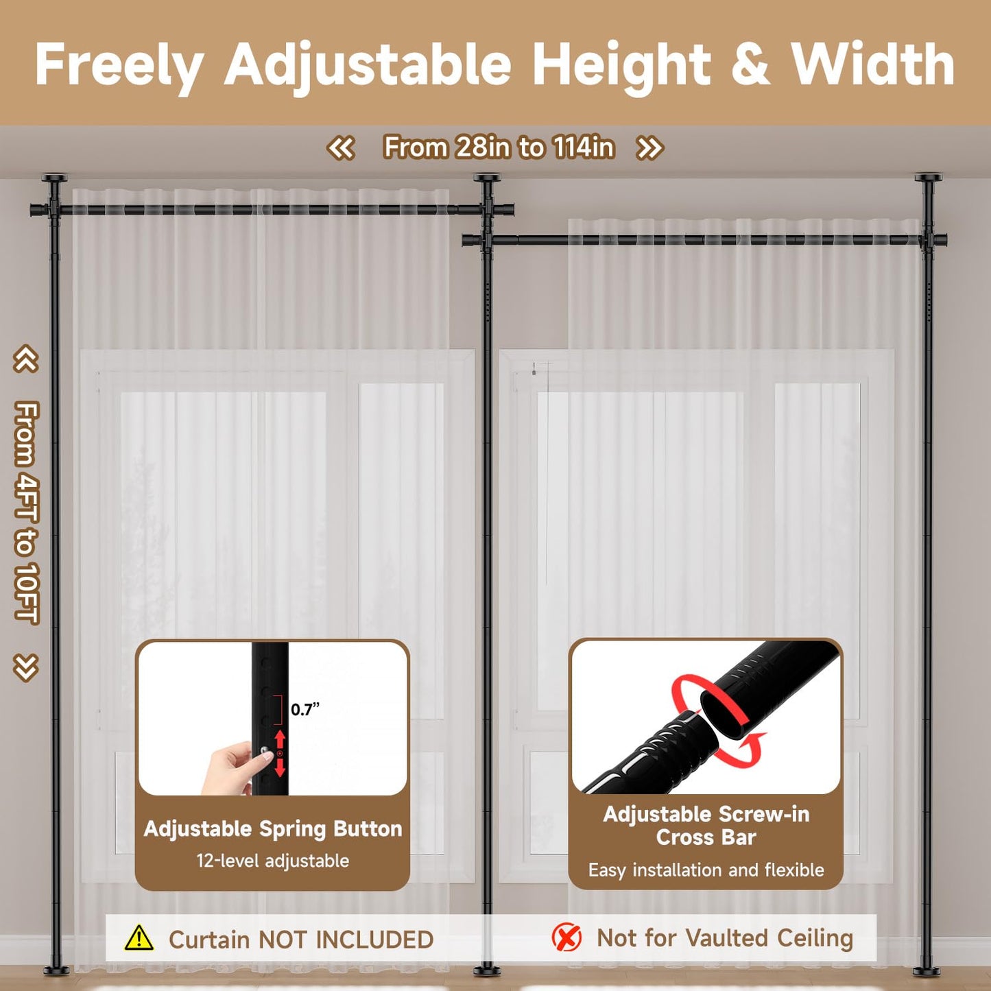 Room Divider for Room Separation (43-145in W), Curtain Rods No Drilling for Bedroom, Freestanding Room Divider Panel Tension Rod, Wall Divider Privacy Screen Partition for Space Separator, Drill Free