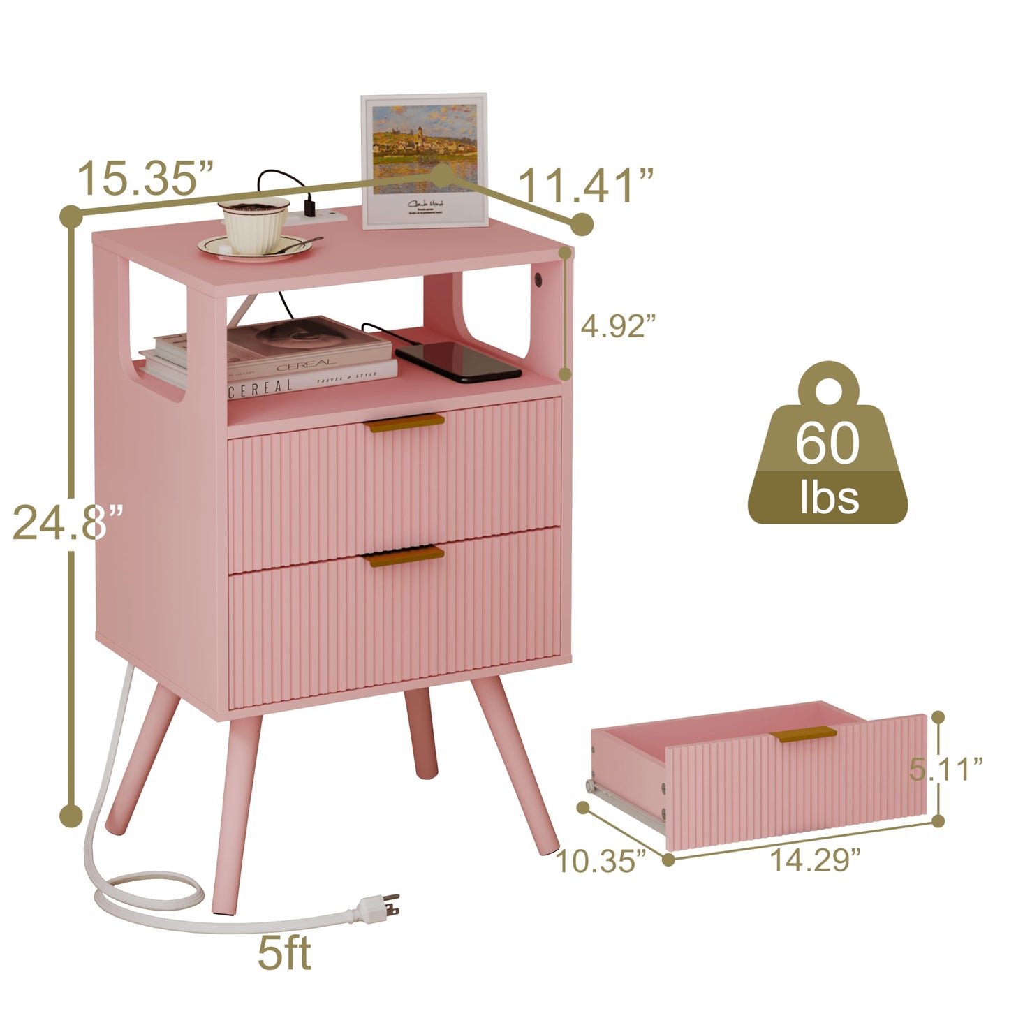 JOONEE Pink Nightstand with Charging Station and LED Lights,Modern Bedside Table with 2 Storage Drawer and Open Wood Shelf, for Bedroom and Small Spaces,Night Stand with Solid Wood Legs,Pink
