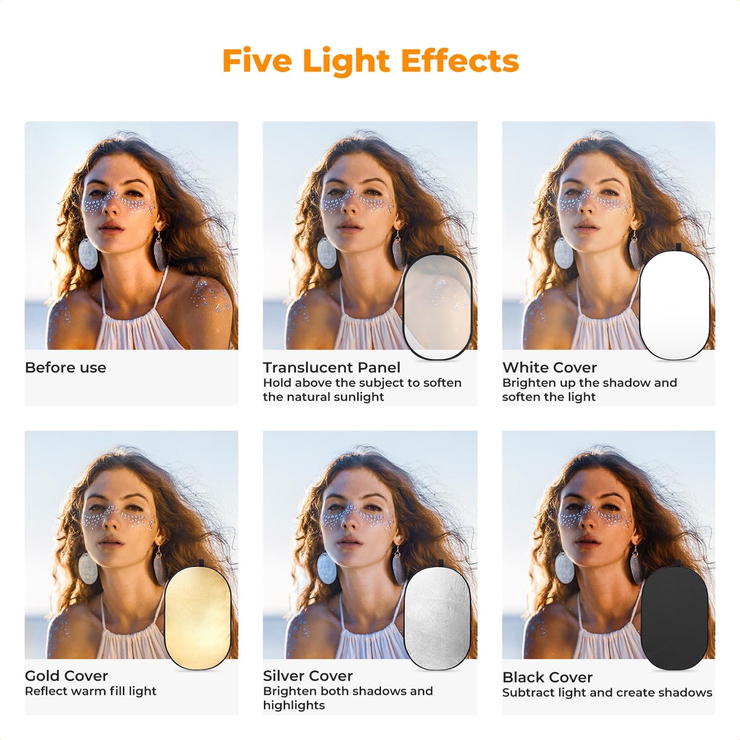 K&F CONCEPT 24" x36”(60x90cm) 5-in-1 Oval Foldable Reflector with Carrying Bag, Gold, Silver, Black, White Reflective Fabric and Translucent Soft Fabric for Studio Lighting