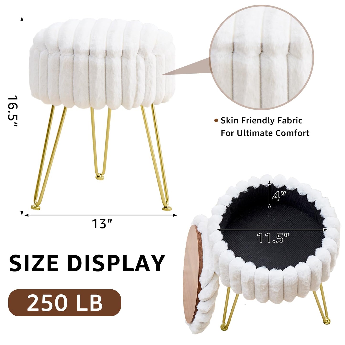 Wimarsbon Vanity Stool with Storage, Faux Fur Ottoman Chair with Metal Legs, Round Makeup Vanity Chair for Bedroom or Dressing Table, Modern Small Ottoman Seat (White)