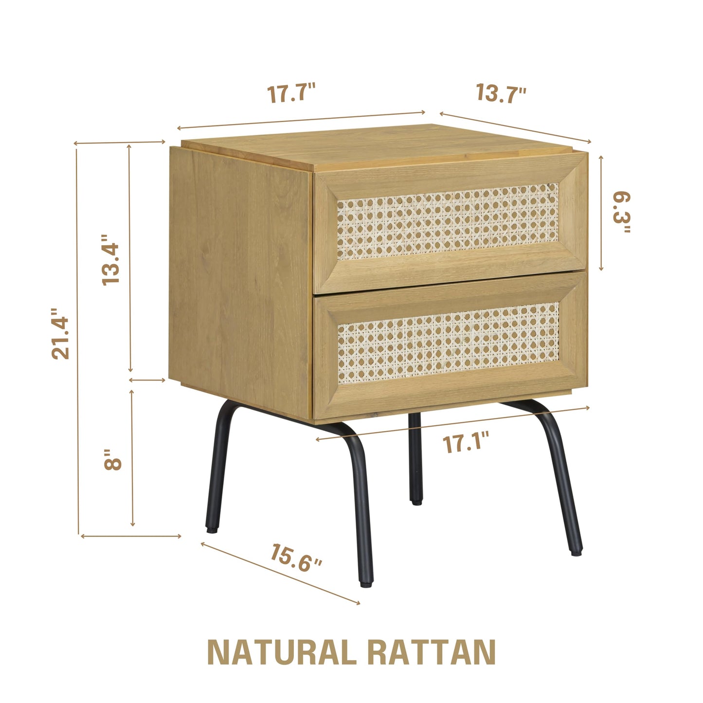 NTC Solid Oak Drawer Face Lulu Nightstand with Natural Rattan Drawer, Mid-Century Side Table for Bedroom, Bedside Furniture, End Table – Waterproof, Heat Resistant, Easy to Assemble - Sand
