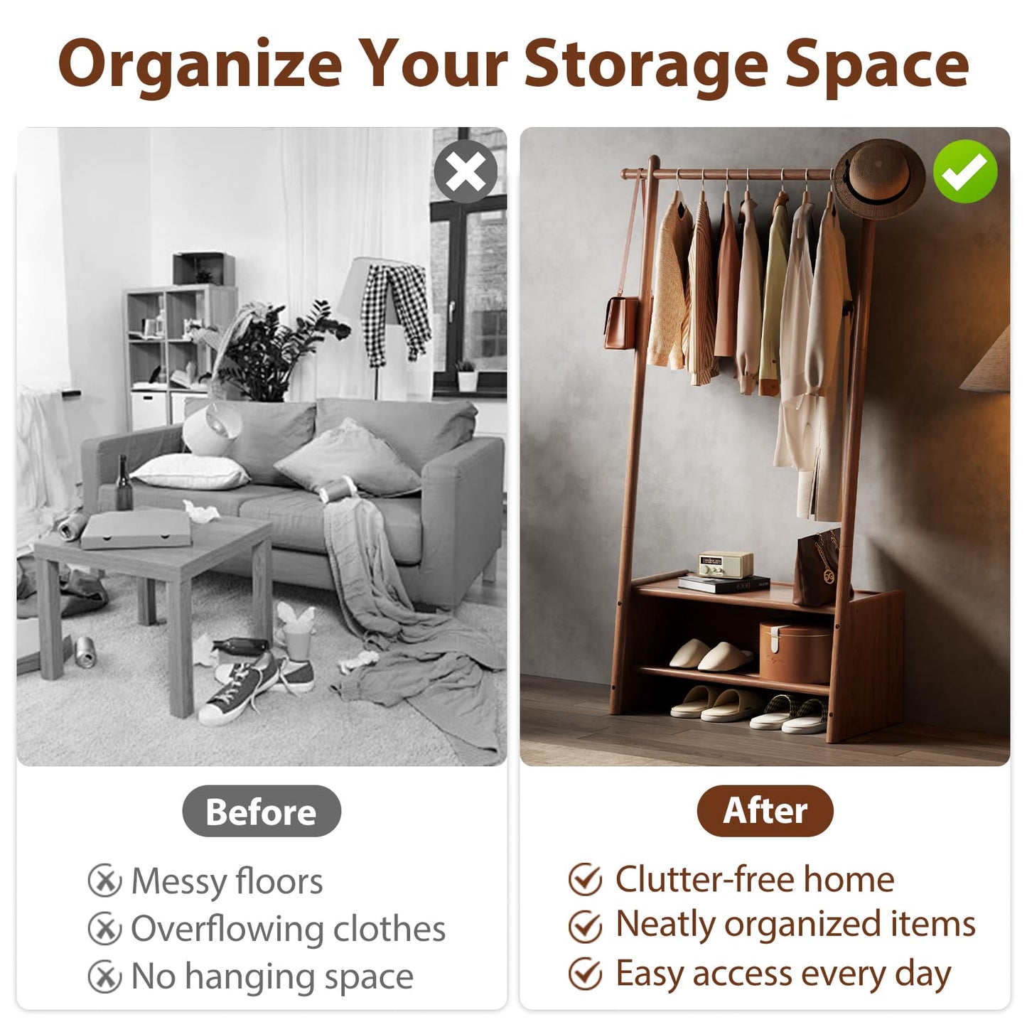 DONGMUWUJEE Solid Wood Clothing Rack with Shelves, Clothes Racks for Hanging Clothes, Hanging Rack with Shoe Storage, Heavy Duty Garment Rack for Bedroom, Entryway, Living Room, Walnut