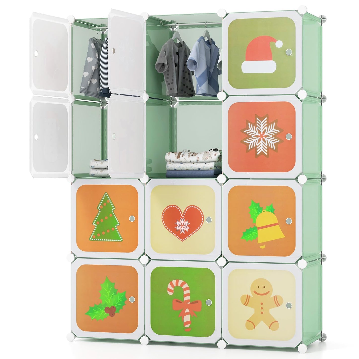 HONEY JOY Kids Wardrobe Closet, Baby Cartoon Clothes Storage Organizer, 12 Cubes & 2 Hanging Sections, Portable Children DIY Modular Bedroom Armoire Dresser Cabinet for Boys Girls (Green)