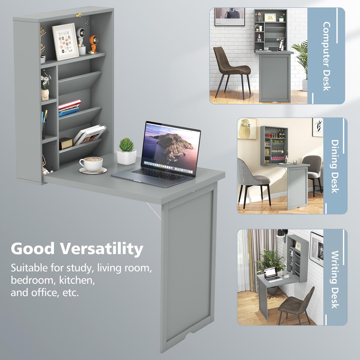 GOFLAME Wall Mounted Folding Desk with 3-Tier Tilt Storage Partition and Adjustable Shelves, Space-Saving Convertible Writing Desk for Home Office, Gray