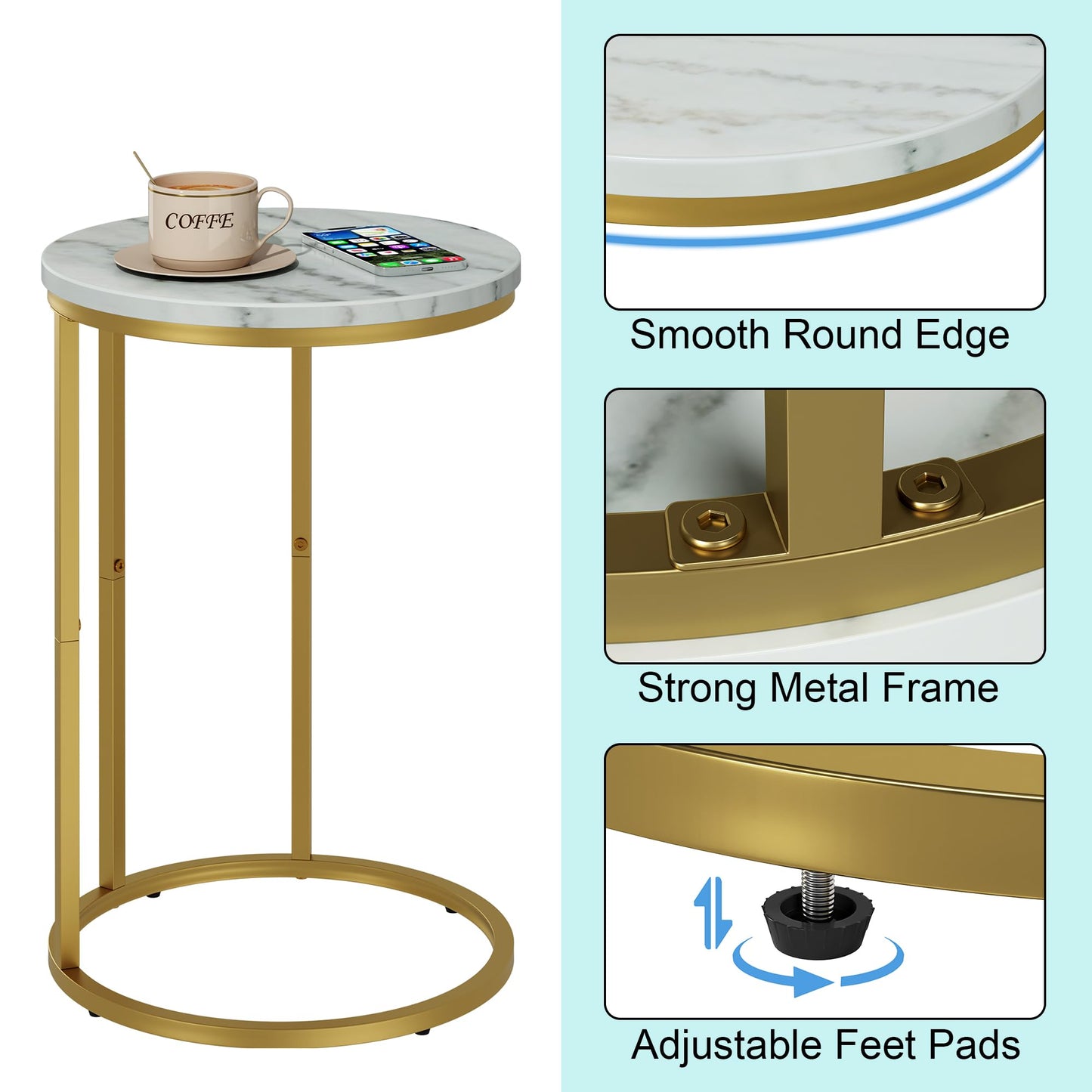 Function Home C Table End Table, Marble C Shaped Sofa Side Table, Couch Tables that Slide Under, Snack Accent Table for Living Room Bedroom Small Space, Marble Top and Gold Metal Frame