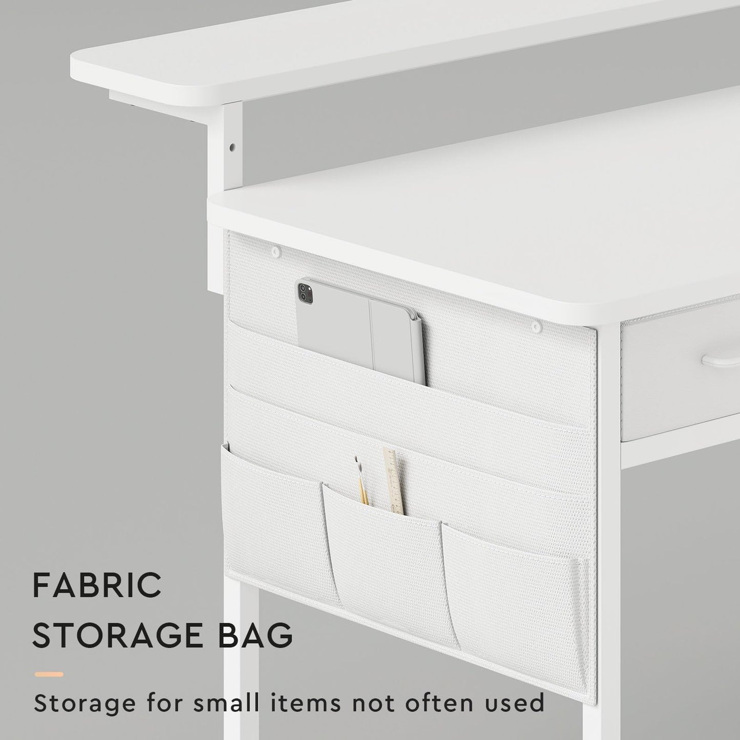 Maihail Small desk with Drawers, 31.5X15.8-22.9 Inches Office Computer Desk with Side Pocket & Ergonomic Adjustable Monitor Stand, Writing Table for Small Spaces, Kids desk, vanity desk Bedroom, White