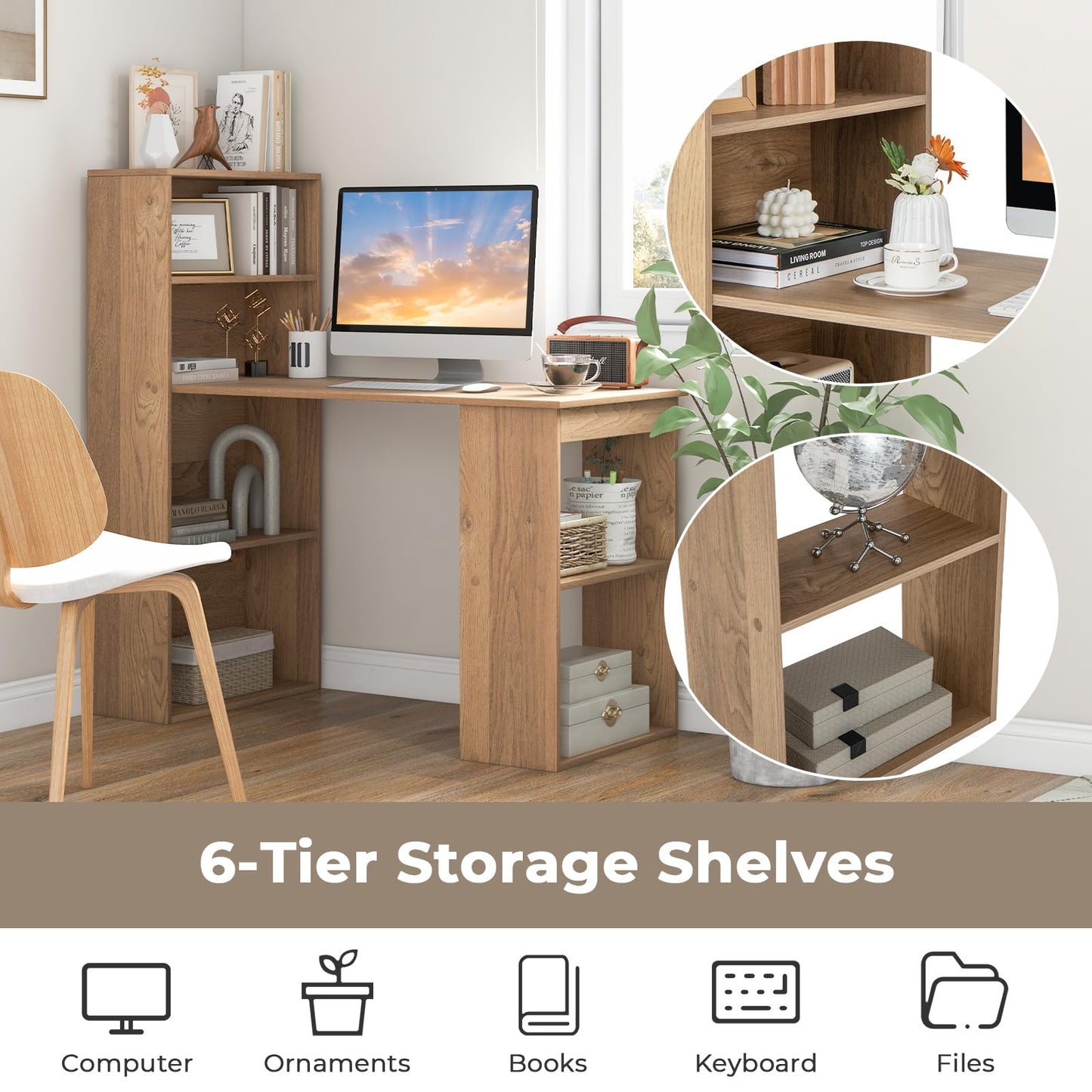 GRAFFY Computer Desk with 6 Storage Shelves - 48" Reversible Writing Desk Workstation with Bookshelf and CPU Stand, Modern Compact Office Desk for Bedroom, Study, Home, Office (Natural)