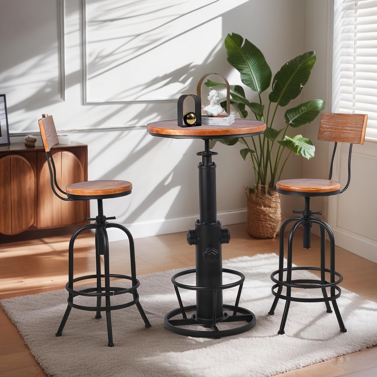 BOKKOLIK Vintage Bistro Table Height Adjustable 38.6-44.4inch Industrial Bar Table for Kitchen Dining Room Coffee House Pub Office Swivel Round Wooden Top for 2-3 People