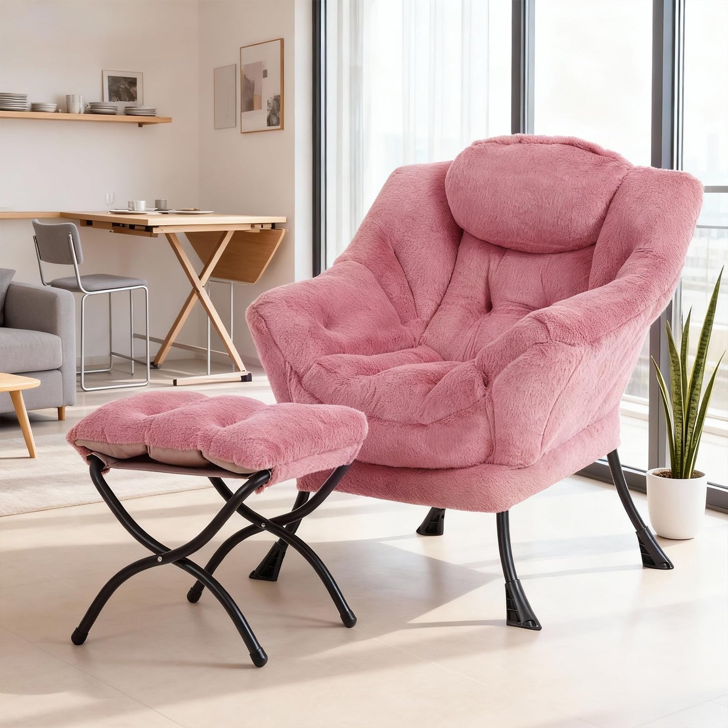 SESHINELL Lazy Chair with Ottoman, Modern Accent Chair Contemporary Sofa Chair with Armrests, Reading Chair and Folding Footstool Set for Living Room, Bedroom, Office