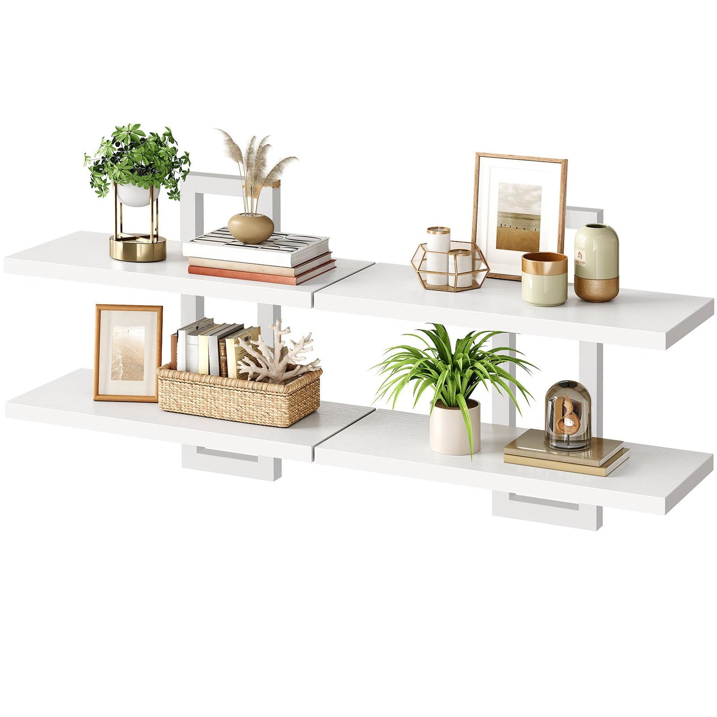 HOOBRO Floating Shelves, 15 Inch Wall Shelf Set of 2, Wall Mounted Storage Shelves 2-Tier, Hanging Bathroom Shelves, for Living Room, Bedroom, Bathroom, Kitchen, White WW32BJ01