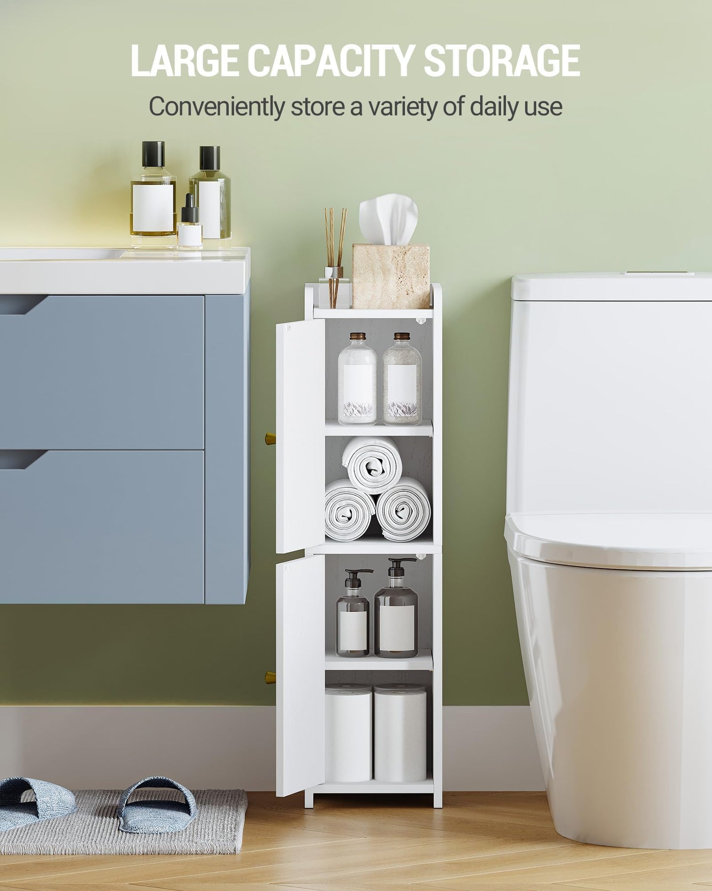 Hzuaneri Bathroom Storage Cabinet, Small Corner Floor Cabinet with 2 Doors and Adjustable Shelf, Narrow Toilet Paper Cabinets, Bathroom Organizer for Small Spaces, 7.9" D x 7.9" W x 29.5" H White