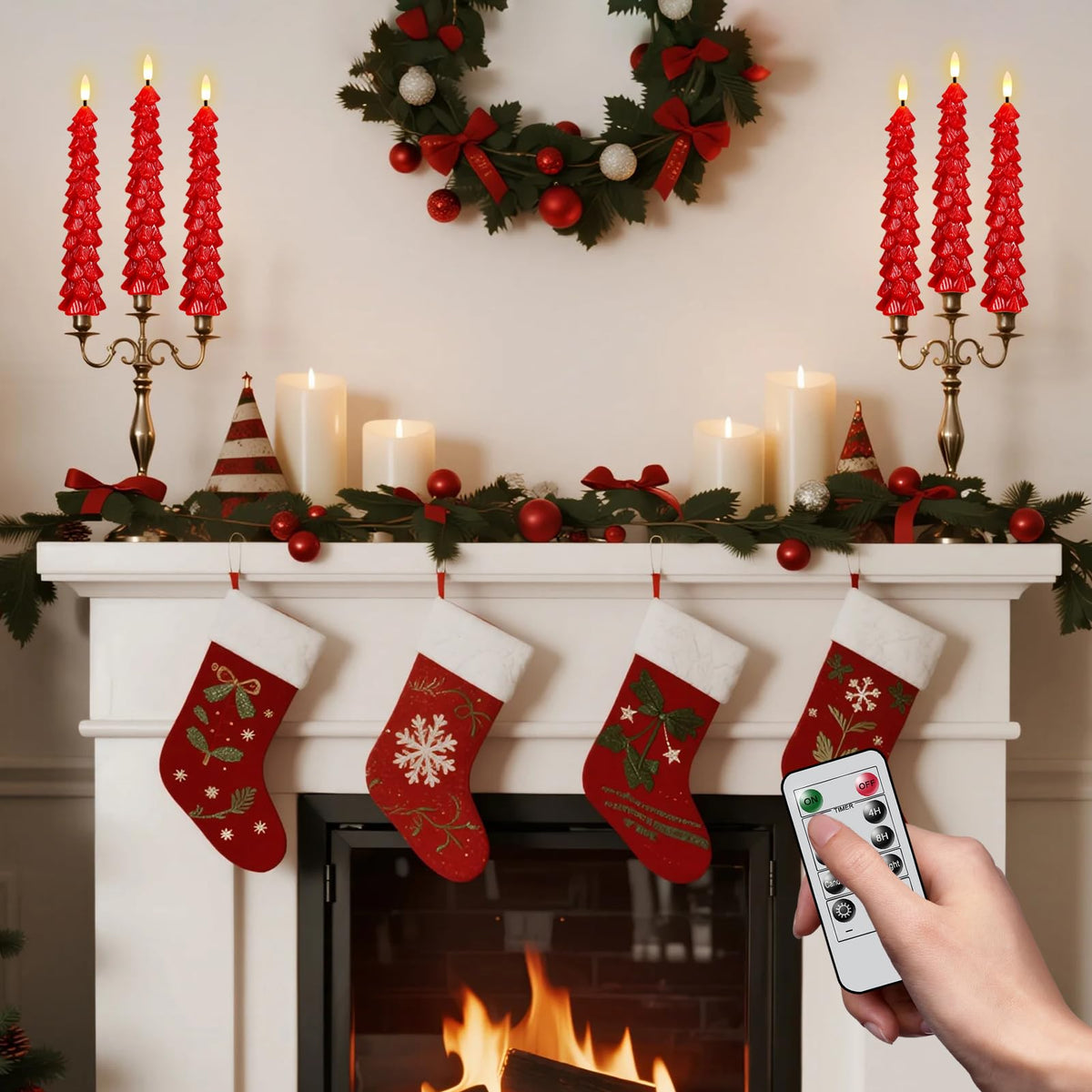 KunSwenn Christmas Tree Candles, Red Christmas Taper Candles, Set of 6 Real Wax LED Flameless Taper Candle, 9.8 Inch LED Tree Candlesticks for Xmas Home Decor