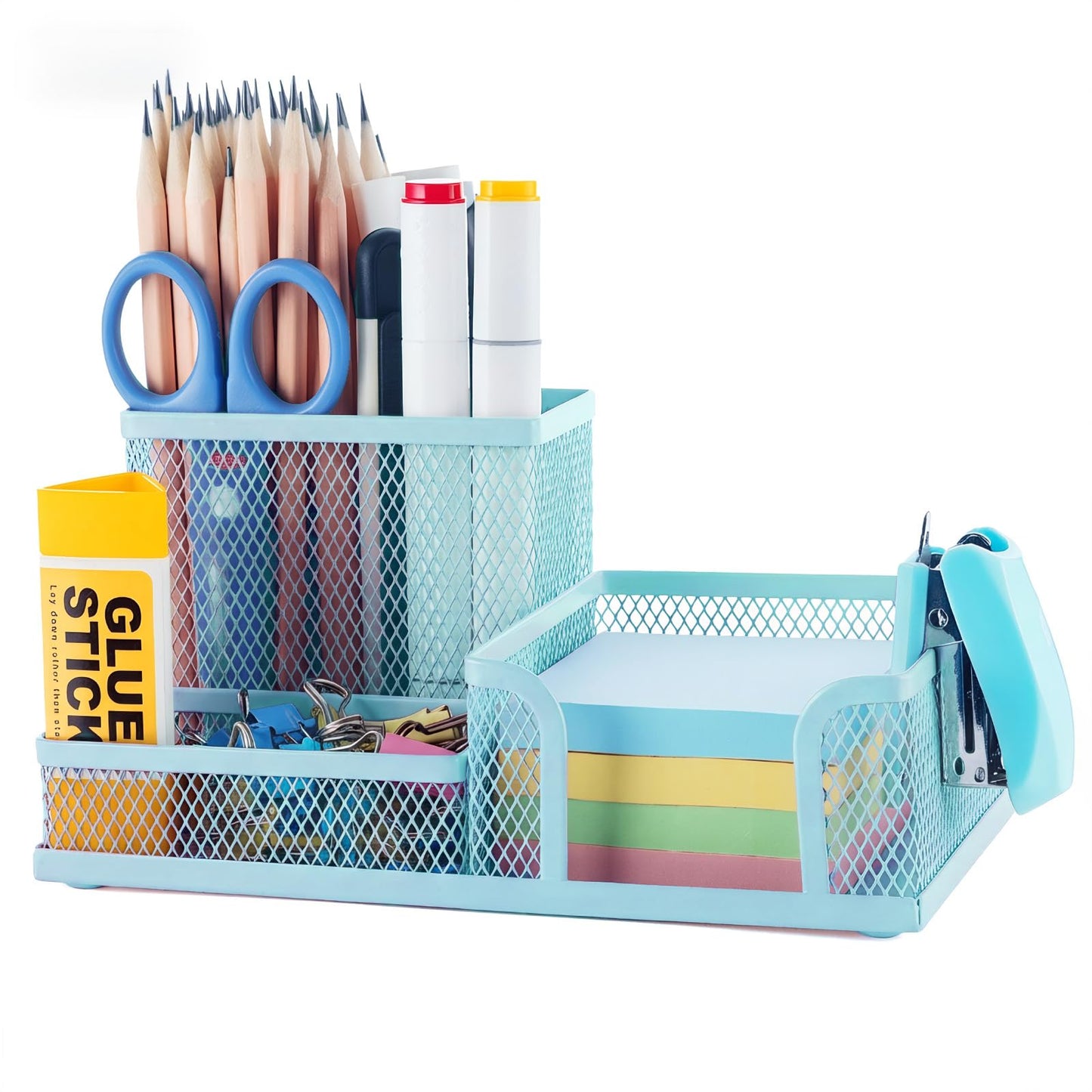 M&G Mesh Pen Holder Desk Organizers Pencil Holder for Desk Light Blue, 3 Compartments Metal Office Supply Organizer with Sticky Notes Holder for Home Office