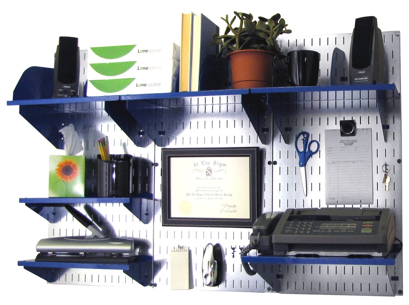 Wall Control Office Organizer Unit Wall Mounted Office Desk Storage and Organization Kit Slotted Metallic Wallboards and Blue Accessories