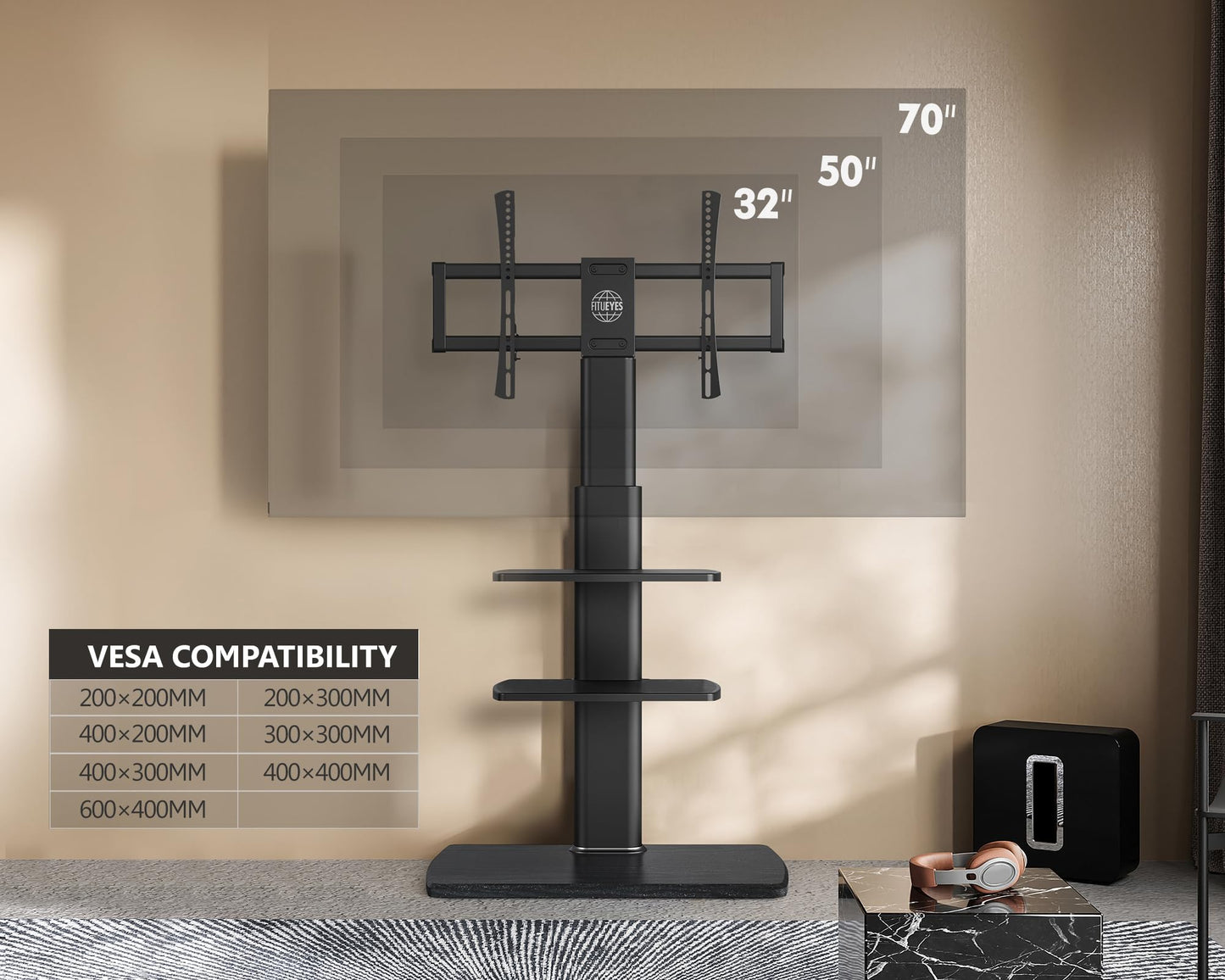 FITUEYES TV Floor Stand for Living Room Bedroom, Tall TV Stands with Sturdy Wood Base for 32 39 40 43 49 50 55 60 65 75 Inch TVs, Corner Stand with Height Adjustable Shelves, Swivel Black