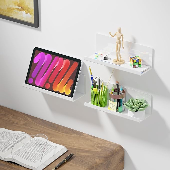 PAVSTINE Acrylic Wall Floating Shelves Set of 2, Wall Shelves White 12 Inch