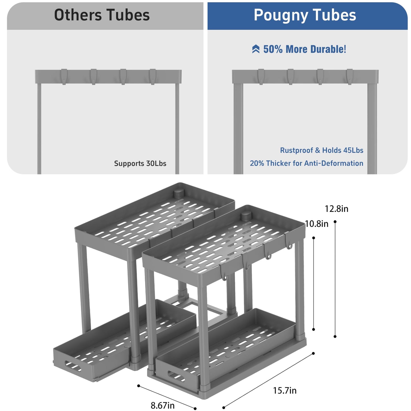 POUGNY 2PC Under Sink Organizer Rack 2 Tier Under Sliding Cabinet Basket Organizer Drawer with 4 Hooks, Multi-purpose Under Sink Storage for Bathroom Kitchen Desktop（Grey）