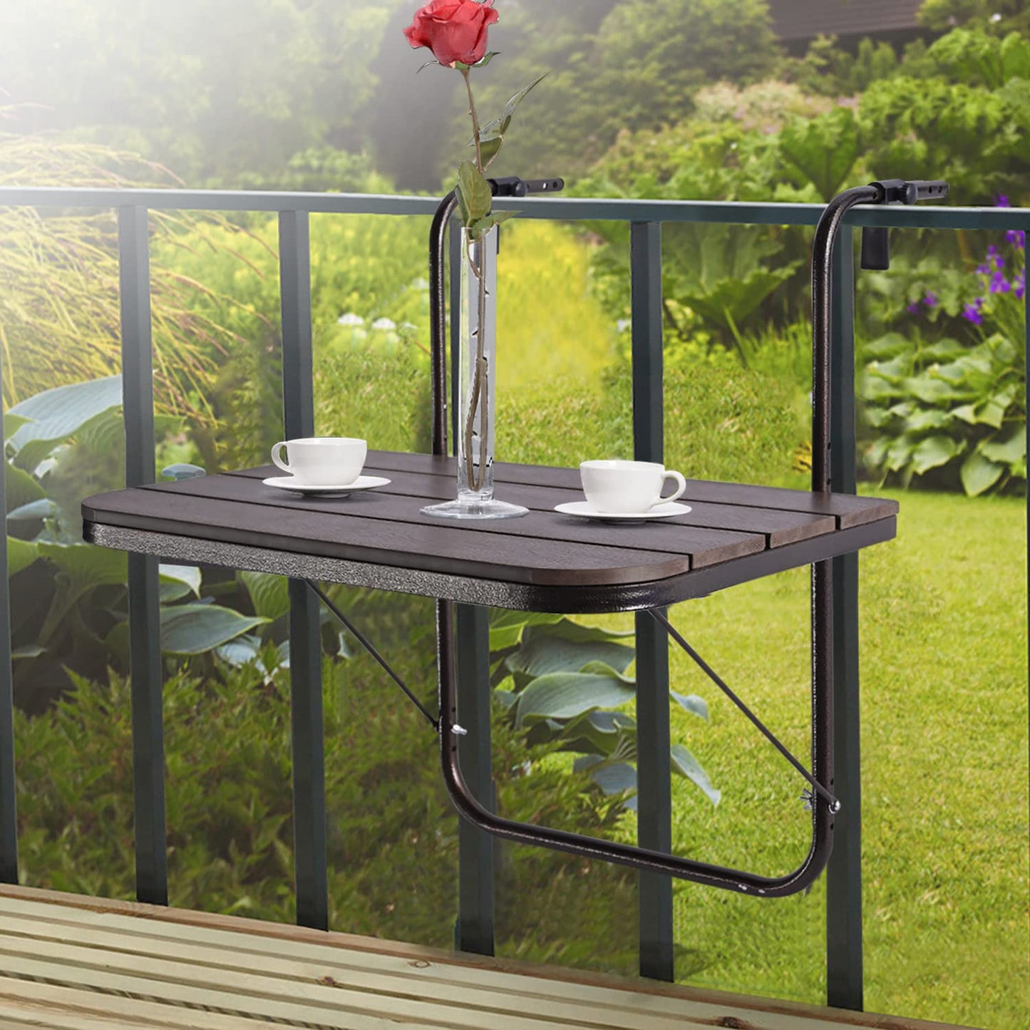 Patio Novagarden Balcony Railing Table Outdoor Hanging Folding Brown Aluminium Metal Side Table Adjustable 23.6"L x 15.7"W