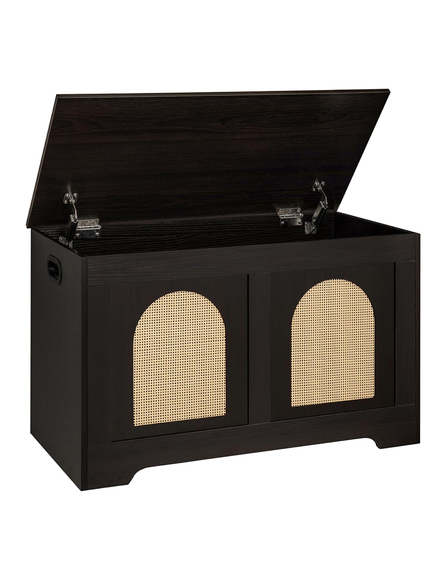 DINZI LVJ Storage Chest, 31.5" Rattan-Like Toy Box with 2 Safety Hinges, Wooden Entryway Storage Bench with Flip-Top, Storage Trunk for Living Room, Bedroom, Easy Assembly, Espresso and Natural