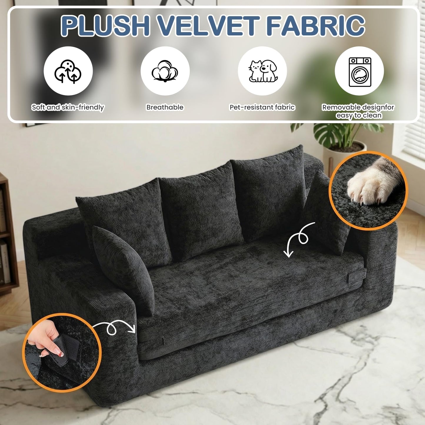 Winzoo Boneless Couches 70", 3 Seater Boneless Couch with Pull Out Sofa Bed, Black Boneless Couch with 5 Pillows, Plush Velvet Sofa for Living Room & Bedroom