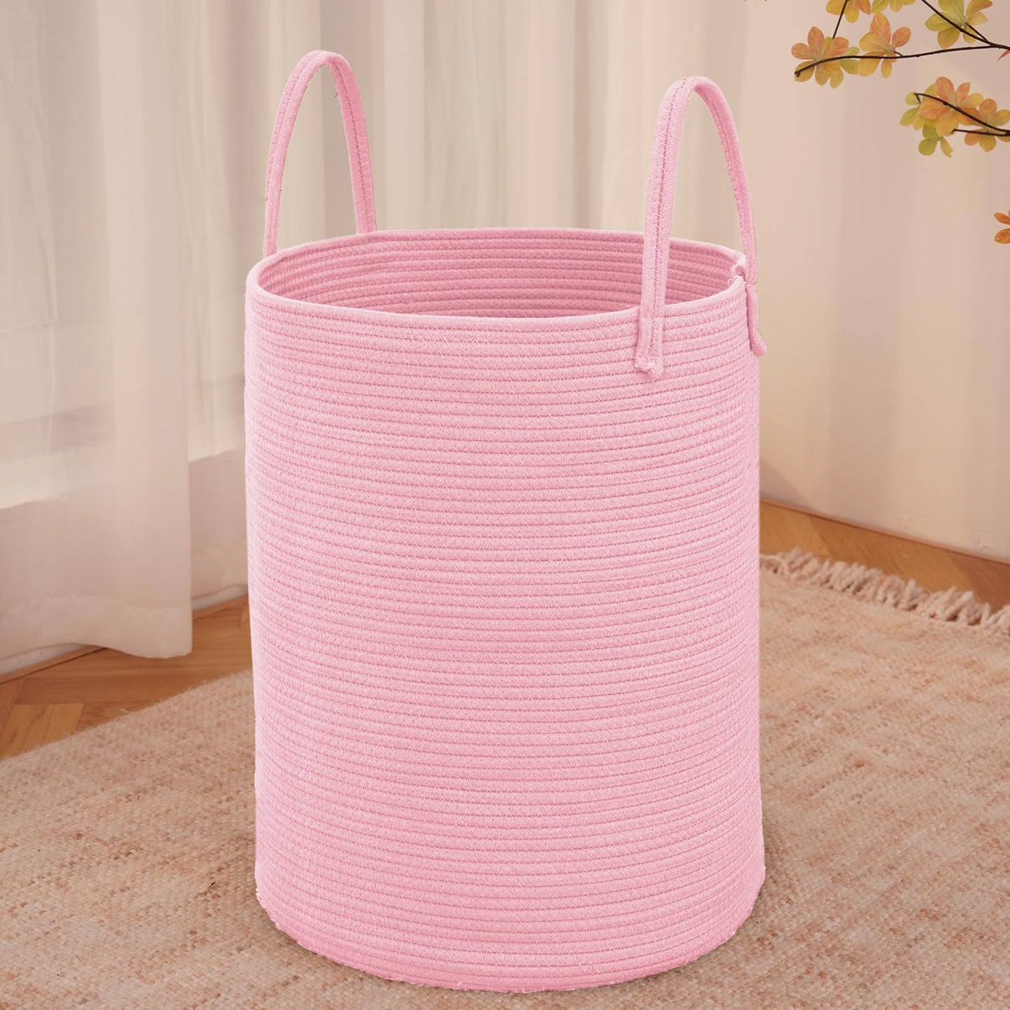 JMvicyroam Large Woven Laundry Basket Hamper,60L Cotton Rope Storage Bin for Blankets,Toys and Clothes,Decorative Tall Nursery Hamper for Living Room,Baby Nursery,Bathroom and Bedroom,Pink