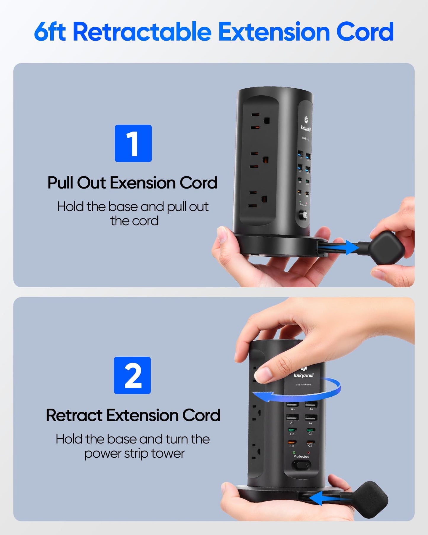 Power Strip Tower, PD 65W USB Charging Tower, kakyanill Surge Protector Tower 9 AC Outlets 8 USB (4 USB C), 6 Ft Retractable Extension Cord, Charging Station for Office Dorm Room, Black