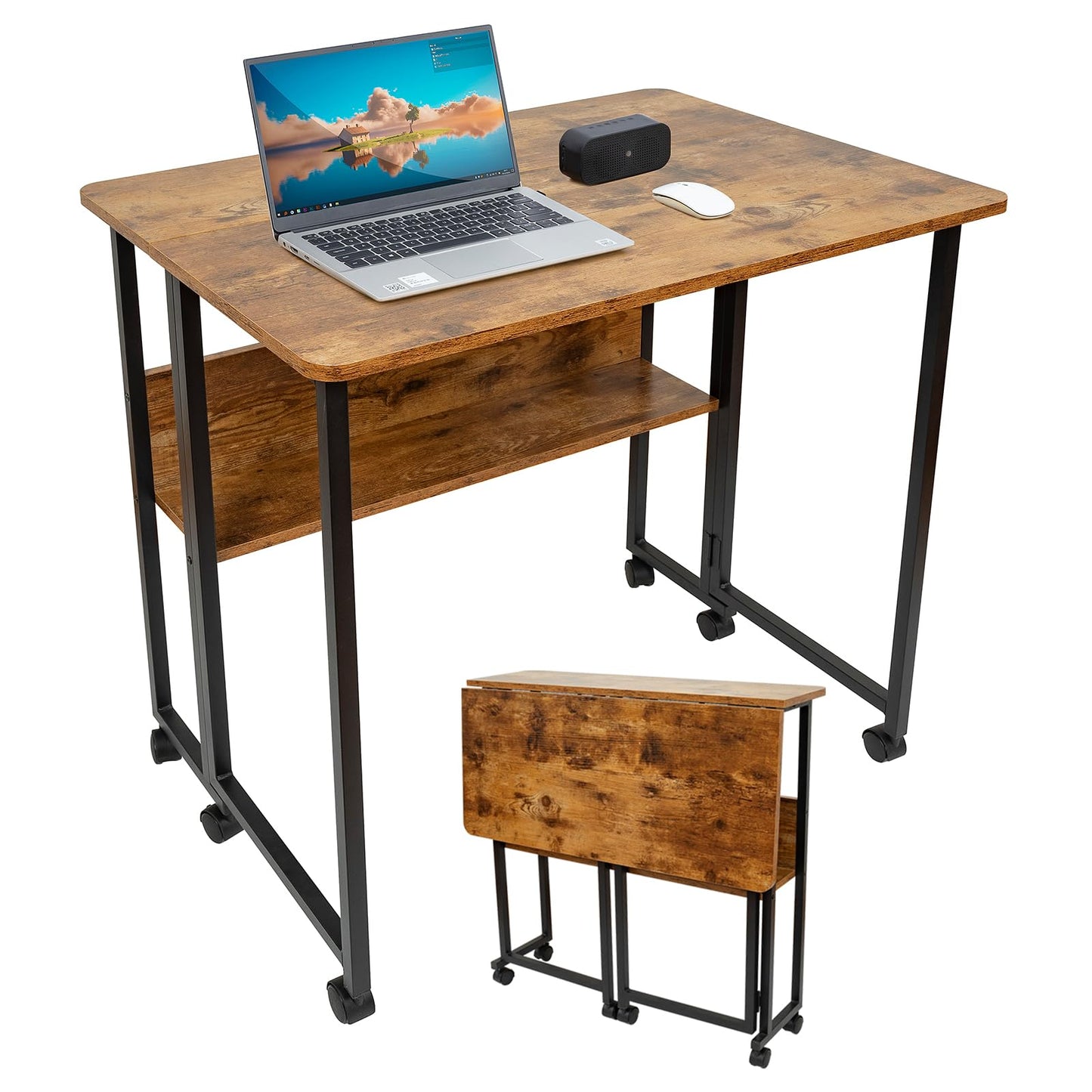 Windpost Mobile Foldable Desk w/Wheels and Feet Pads, Foldable Computer Desk, Folding Desk, Small Computer Desk for Small Spaces, Folding Table for Office Bedroom Living Room-Rustic Brown