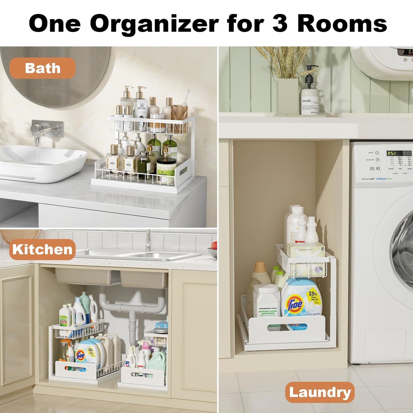 REALINN Under Sink Organizer, Pull Out Cabinet Organizer 2 Tier Slide Out Sink Shelf Cabinet Storage Shelves, Under Sink Storage for Kitchen Bathroom Cabinet, White, 1 Pack