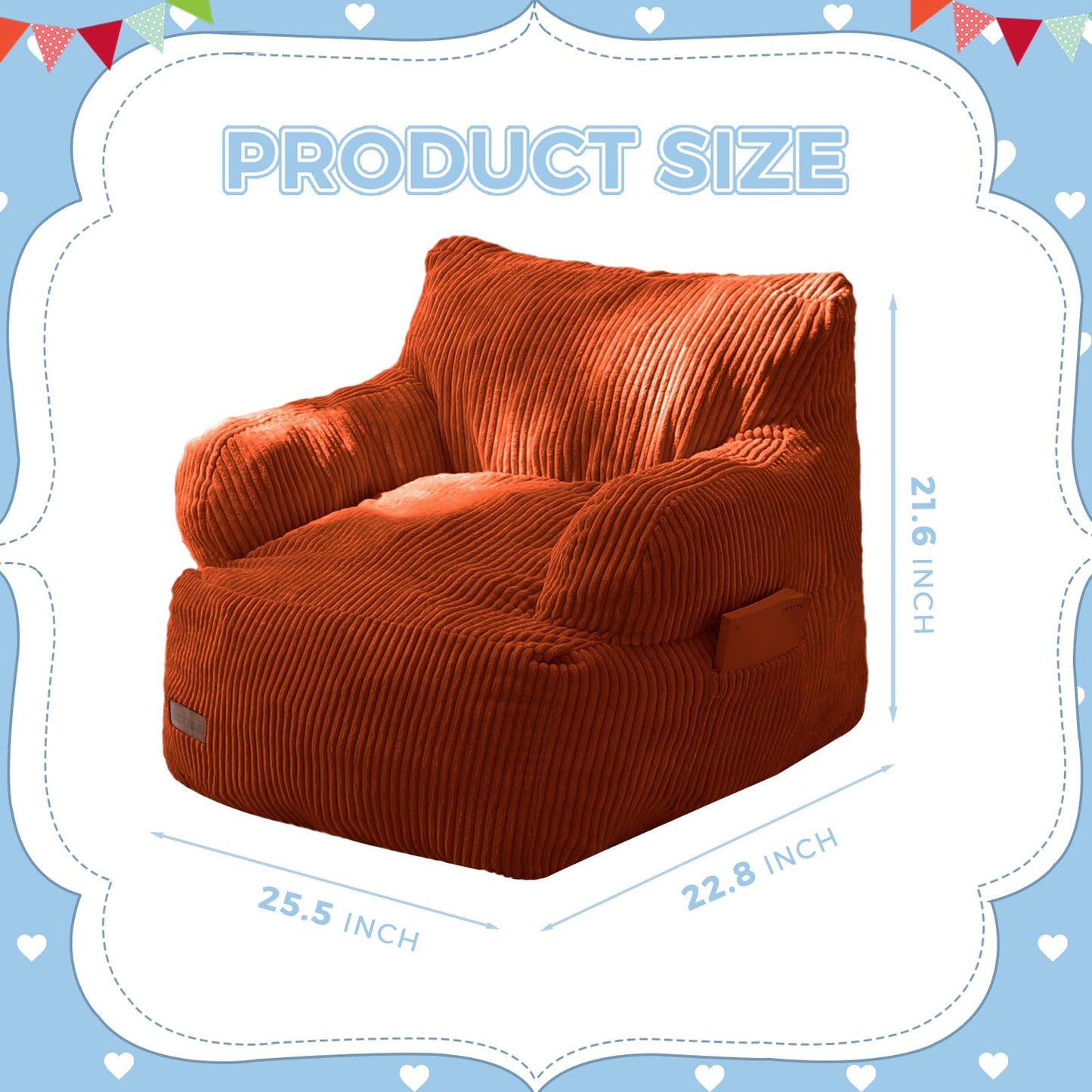 MAXYOYO Kids Bean Bag Chair, Stuffed Toddler Bean Bag Sofa with Filler Cozy for Boys and Girls, Lazy Sofa with Pocket Floor Chair for Gaming, Reading, Orange