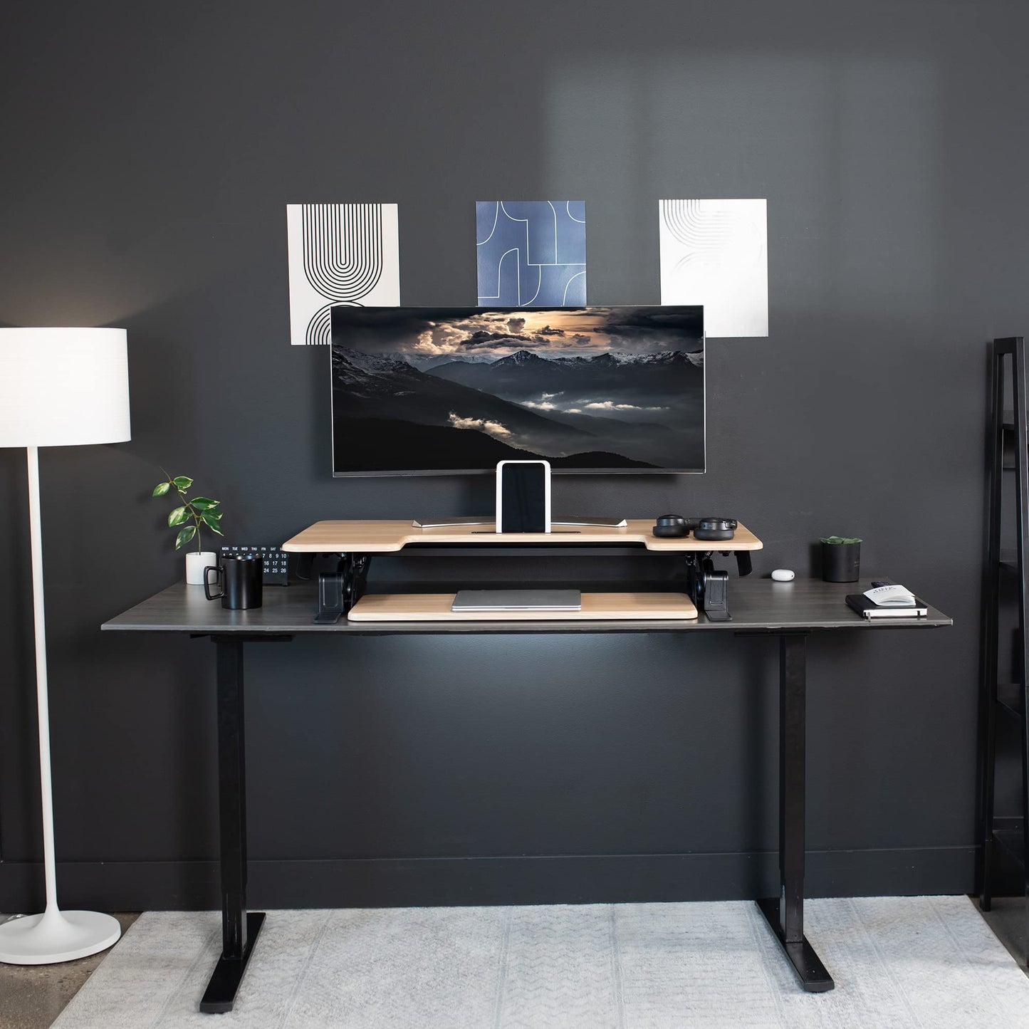 VIVO 42 inch Height Adjustable Stand Up Desk Converter, V Series, Quick Sit to Stand Tabletop Dual Monitor Riser Workstation, Light Wood Top, Black Frame, DESK-V000VLO