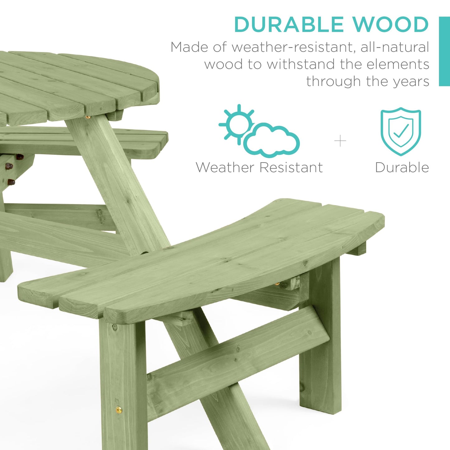 Best Choice Products 6-Person Circular Outdoor Wooden Picnic Table for Patio, Backyard, Garden, DIY w/ 3 Built-in Benches, 500lb Capacity - Sage Green