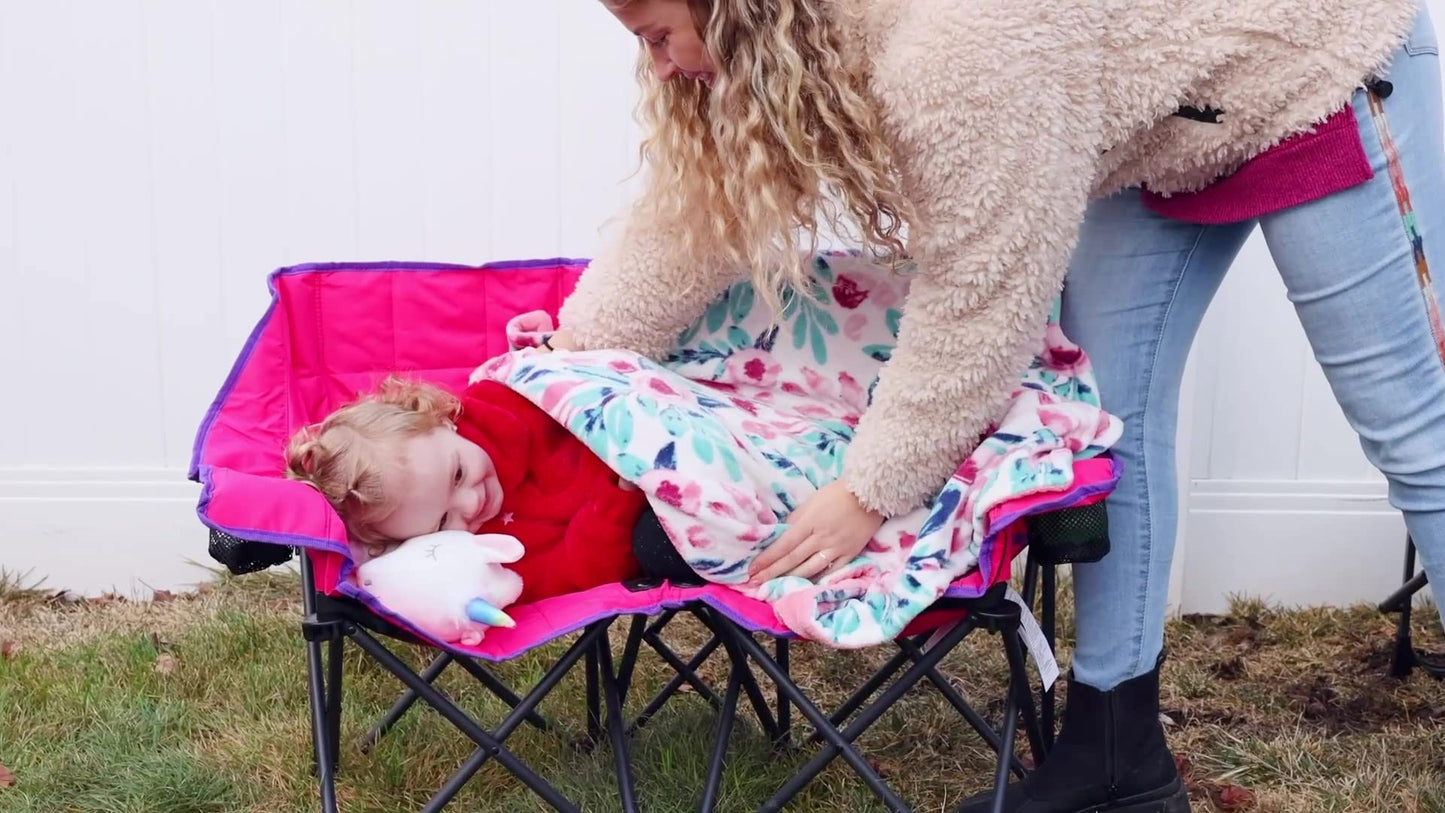SUNNYFEEL Kids Folding Double Camping Chair, Portable Kids Camping Chairs 2 Seat Chair, Pink Padded Foldable Lawn Chairs with Cup Holder for Beach/Outdoor/Travel/Picnic, Foldable Camp Chairs 2 Person