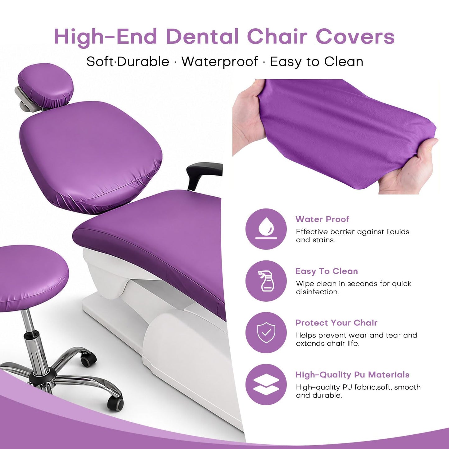 buyzg 5Pcs Dental Chair Covers Set - Waterproof & Non-Slip PU Leather Elastic Full Covers with Foot, Seat, Headrest & Backrest Protectors for Dental Clinic Chairs(Purple)