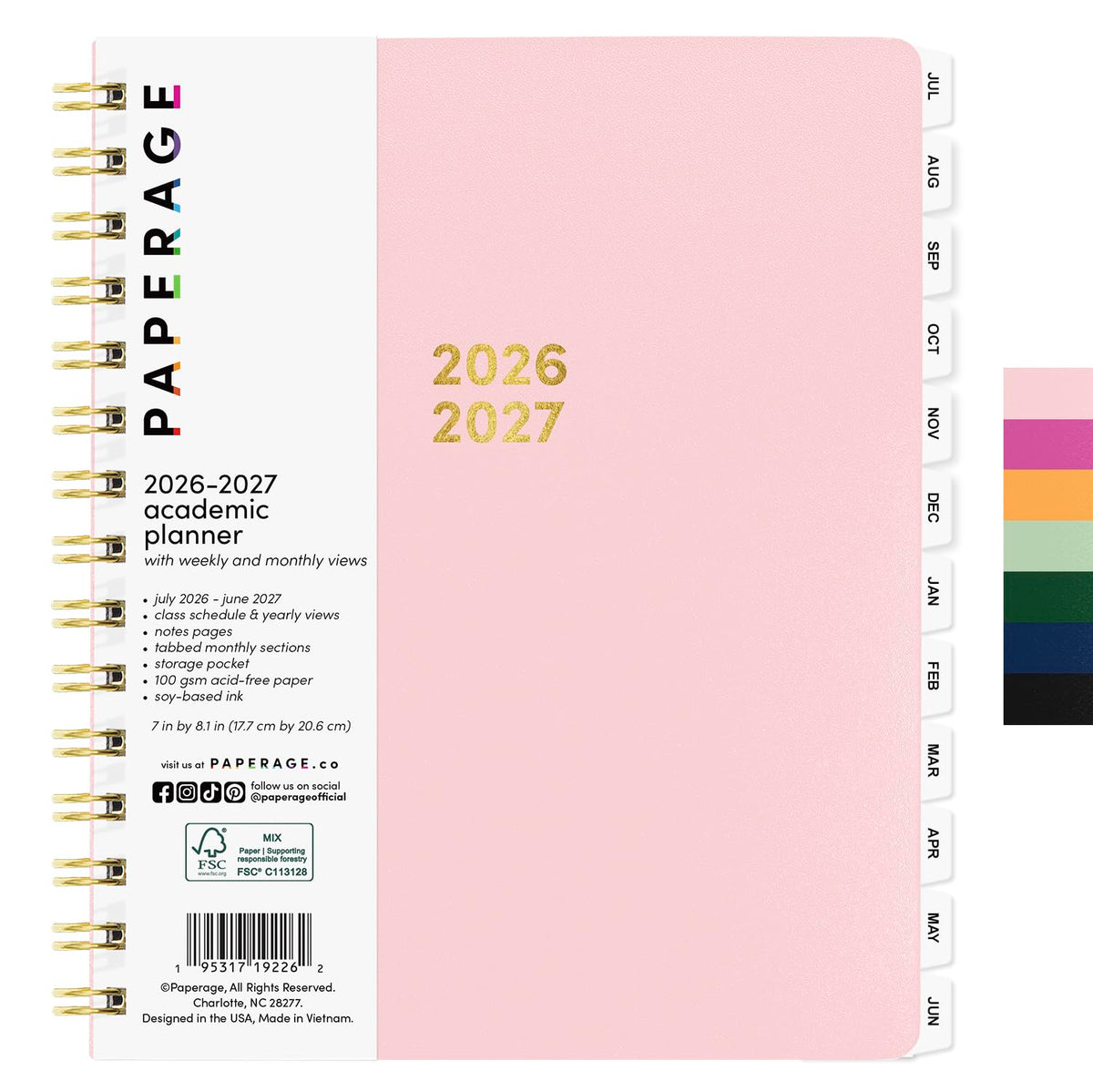 PAPERAGE Academic Planner, Weekly & Monthly Planner & Calendar, 12-Months, July 2026 - June 2027, (7" x 8"), School & Student Planning Agenda with Tabs, Bonus Pages & Inner Pocket, Pink