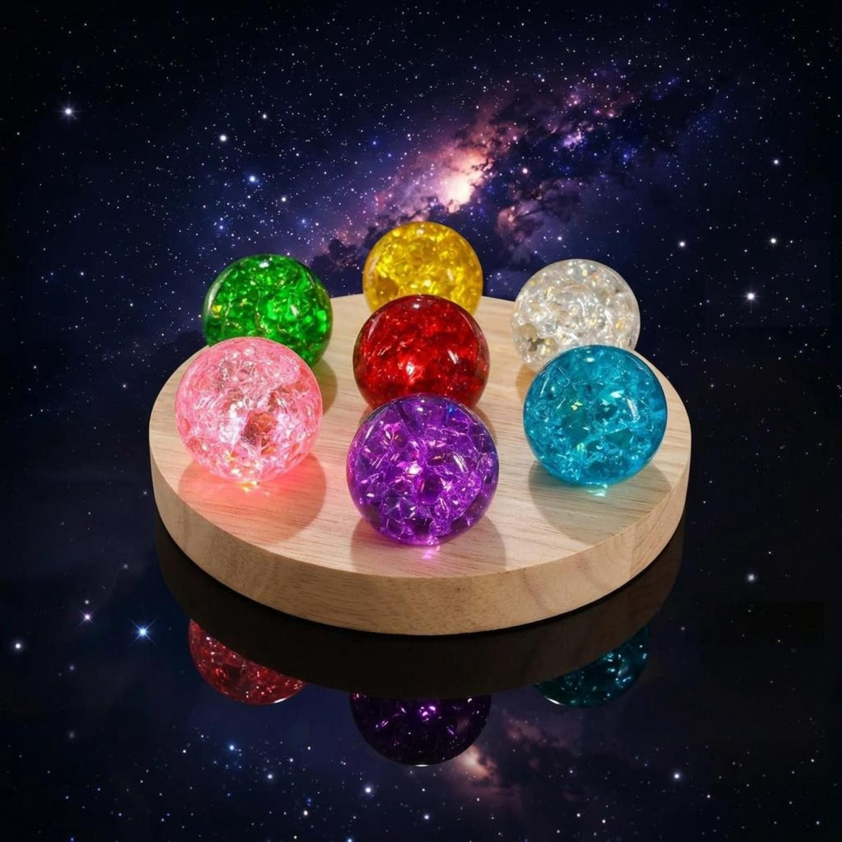 JINWU ClearPeak 7 Colors 40mm Ice Cracked Crystal Balls, Chakra Healing Sphere with LED Wooden Base, Glass Night Light for Home Living Room Meditation, Valentines Day (Set 7-Rainbow-Round)