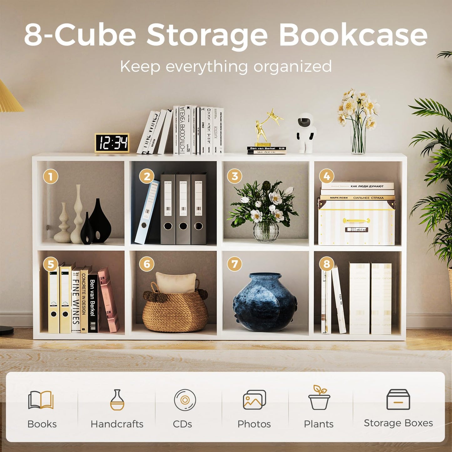 COMHOMA 8 Wood Cube Storage Organizer with Open Back and Removable Back Panels, 11In White Cube Storage Bookshelf, Cubicle Shelf Bookcase for Home Office Bedroom Living Room, Vertical or Horizontal