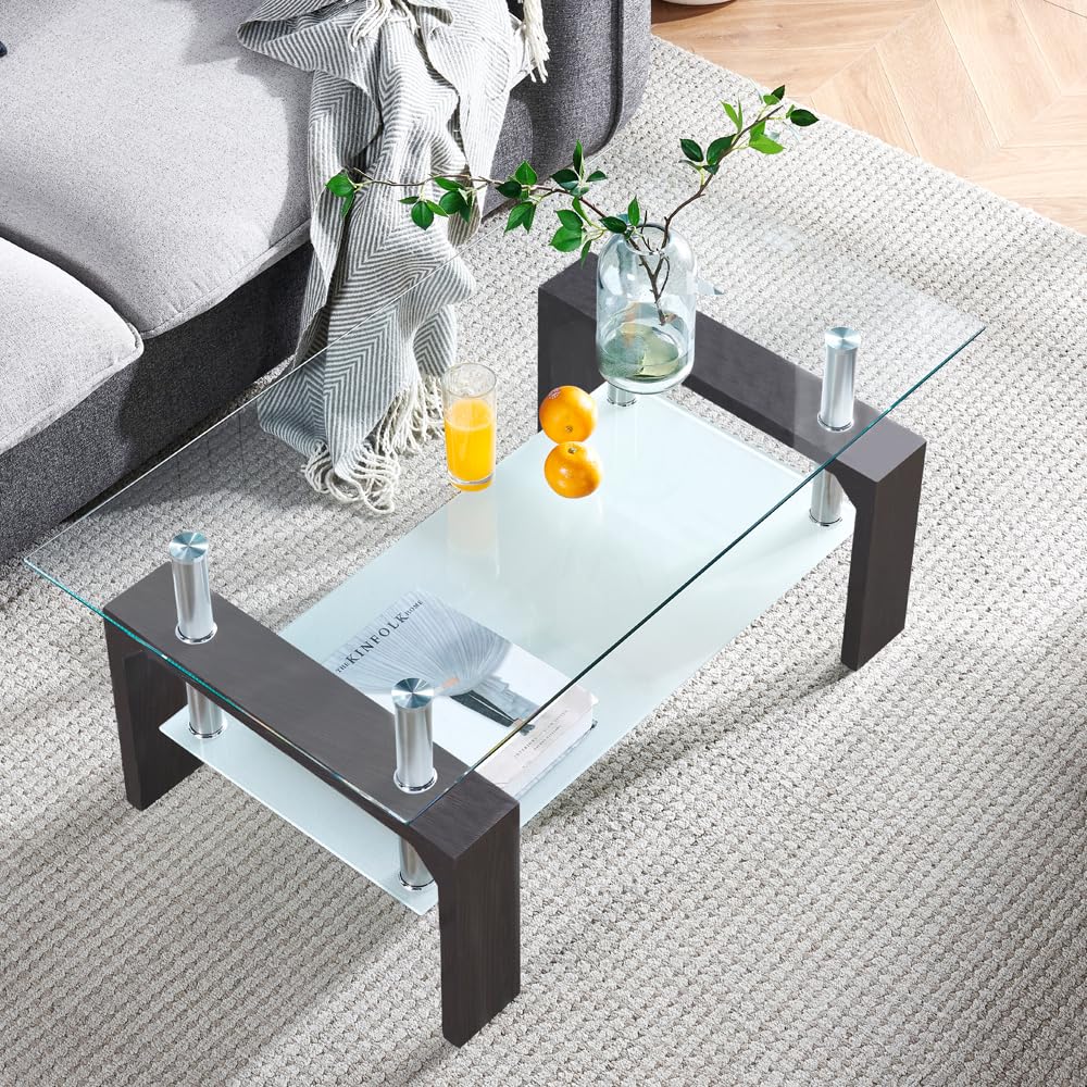 Btrpily Walnut Rectangular Coffee Table, 39.5in x 23.5in x 17.5in, Glass Tabletop with Lower Shelf, Adjustable Bottom Corners