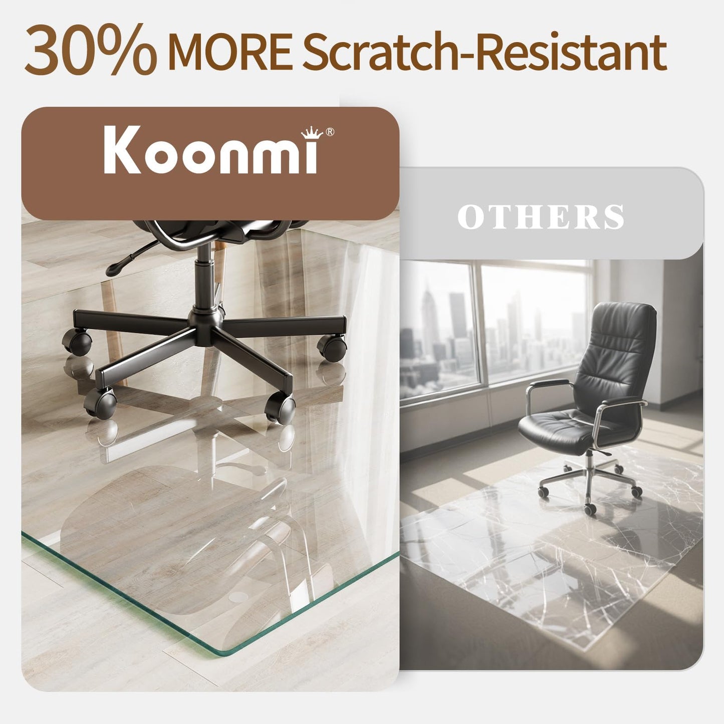 Koonmi Tempered Glass Chair Mat 30"x55" - Premium Office Chair Mat for Hardwood Floors & Low-Pile Carpet with 4 Non-Slip Pads - Thick Scratch-Resistant Surface