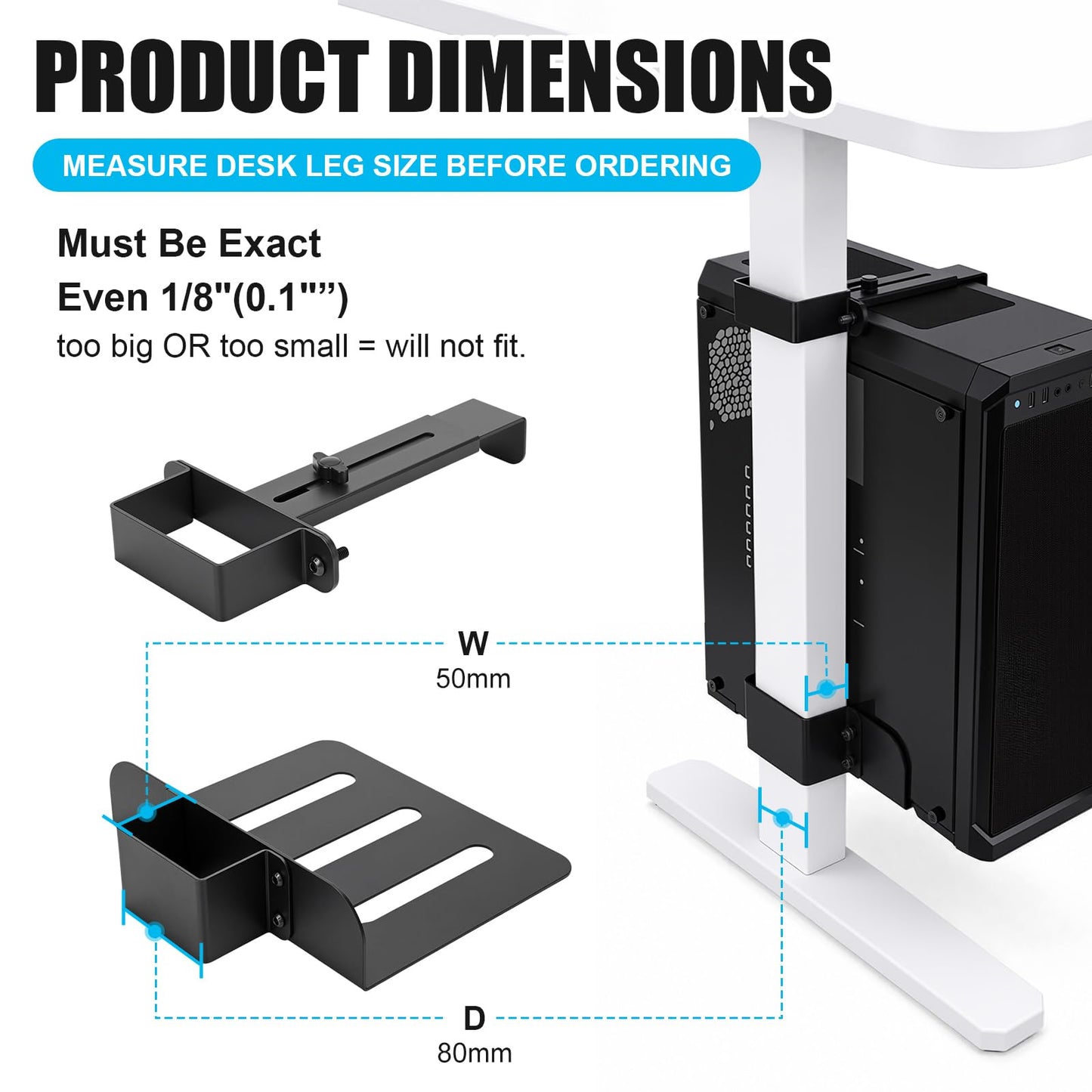 Otoolling Under Desk PC Mount Universal Clamp-on PC Under Desk Mount No Drilling Computer Tower Stand CPU Holder with Non-Slip Pads Suitable for 80mm x 50mm Table Legs, Up to 40lbs