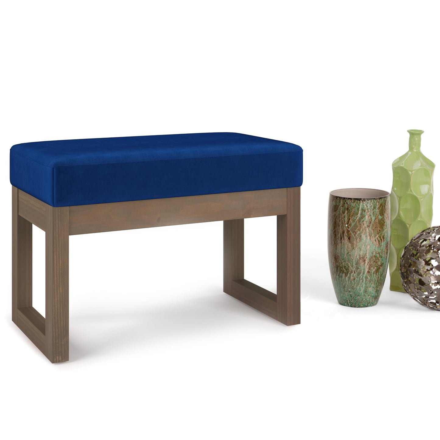 SIMPLIHOME Milltown Small Ottoman Bench - 27" Wide x 18" High Upholstered Velvet Fabric Rectangle Footstool Ottoman in Blue, Contemporary Bench for Bedroom with Cushioned Seat, Assembled