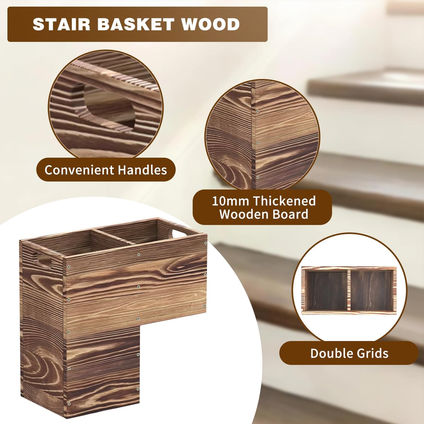 THOOUM Wooden Stair Basket with Handles, 235mm Wide Staircase Basket Organizer for Carpeted & Wooden Stairs