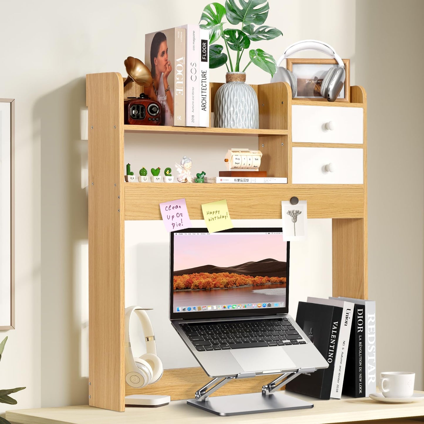 YGYQZ Wood Desk Shelf Organizer, Desk Hutch Top Only, Countertop Storage Hutch with 4 Shelves for Computer Desk，2-Tier with Cabinet Door Rack for Office, Home, Dorm，Natural