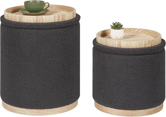 PINPLUS Round Ottoman with Storage Set of 2, Storage Ottoman with Tray