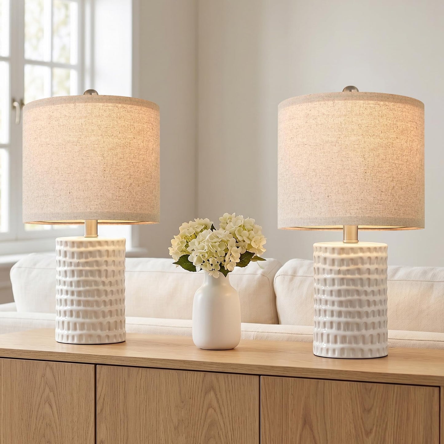 PORTRES 18.25" Modern Accent Ceramic Table Lamp Set of 2 for Bedroom White Desk Decor Bedside Lamps for Living Room Study Room Office Dorm Farmhouse Nightstand Lamp End Table Lamps