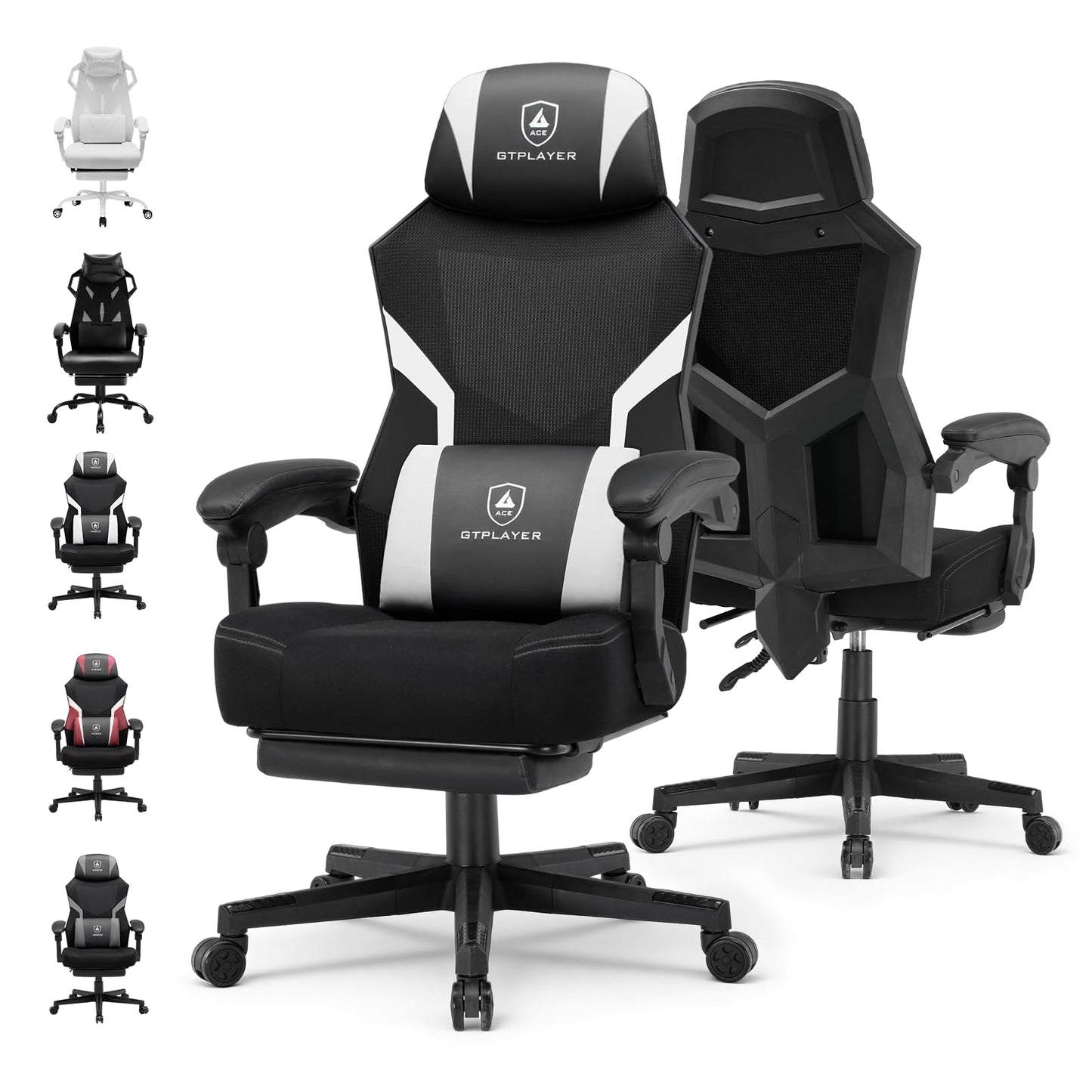 GTPLAYER Computer Chair with Adjustable Footrest, Ergonomic Gaming Chair with Headrest and Lumbar Support, Breathable Mesh Office Chair for Adults, High Back Reclining Desk Chair for Gaming and Office